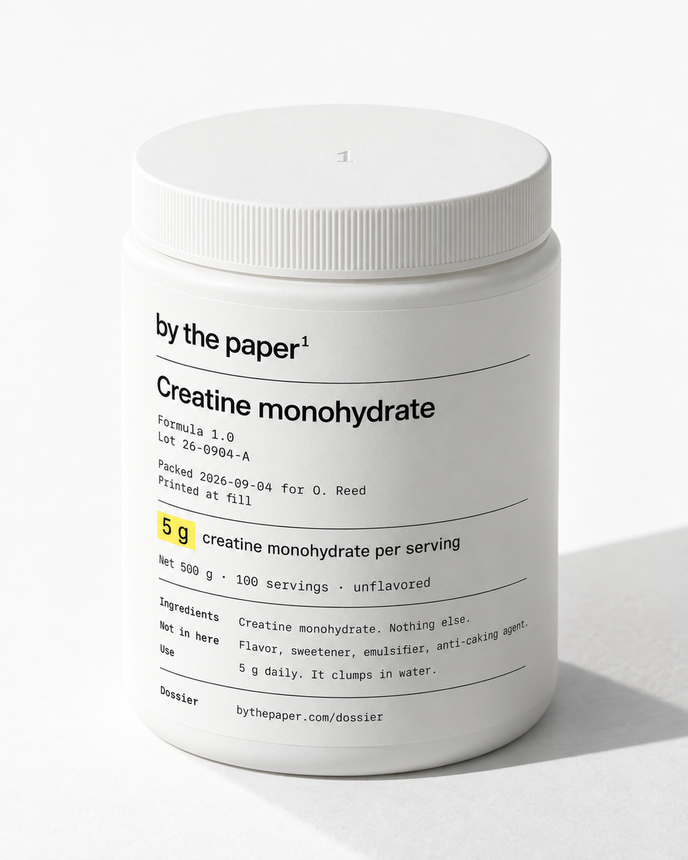Creatine monohydrate, 500 g tub, Formula 1.0, lot 26-0904-A. Flat on white paper.