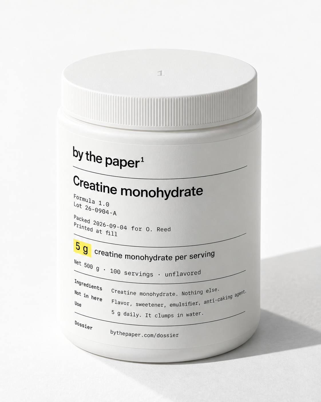 Creatine monohydrate, 500 g tub, Formula 1.0, lot 26-0904-A. Flat on white paper.