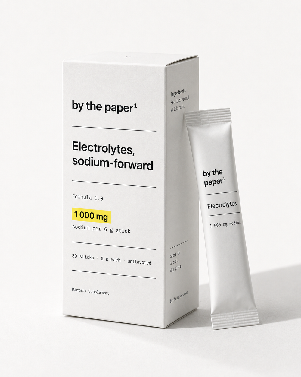 Electrolytes, sodium-forward, 30-stick carton with one foil stick pouch, Formula 1.0. Flat on white paper.
