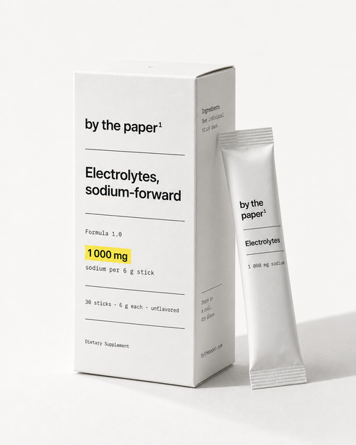 Electrolytes, sodium-forward, 30-stick carton with one foil stick pouch, Formula 1.0. Flat on white paper.