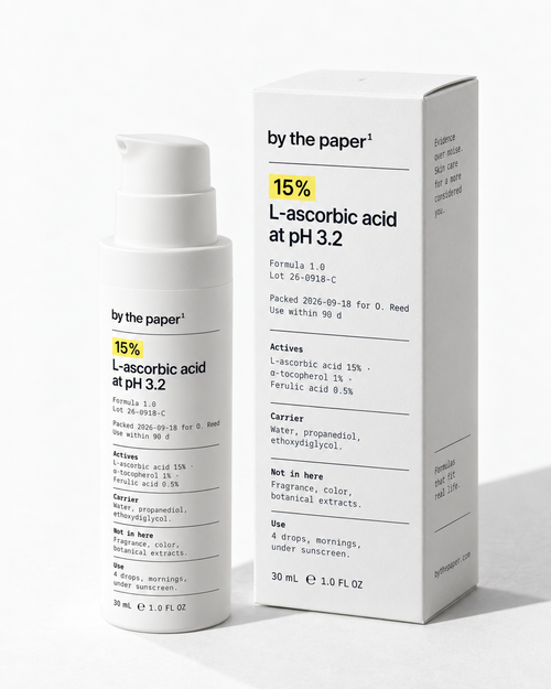 L-ascorbic acid 15 %, 30 ml airless pump with folding carton, Formula 1.0, lot 26-0918-C.