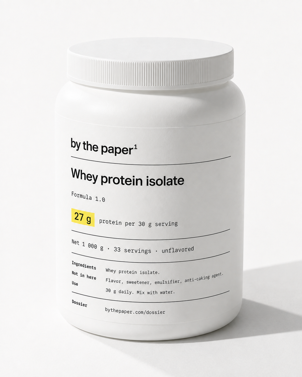Whey protein isolate, 1 000 g white HDPE tub, Formula 1.0. Flat on white paper.