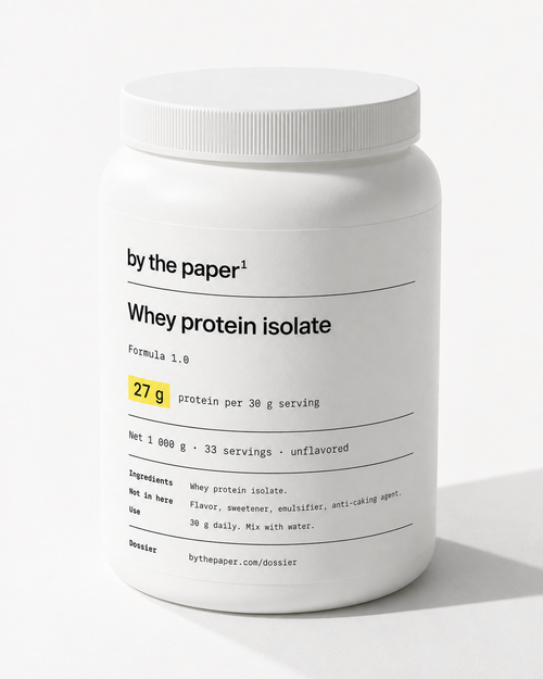 Whey protein isolate, 1 000 g white HDPE tub, Formula 1.0. Flat on white paper.